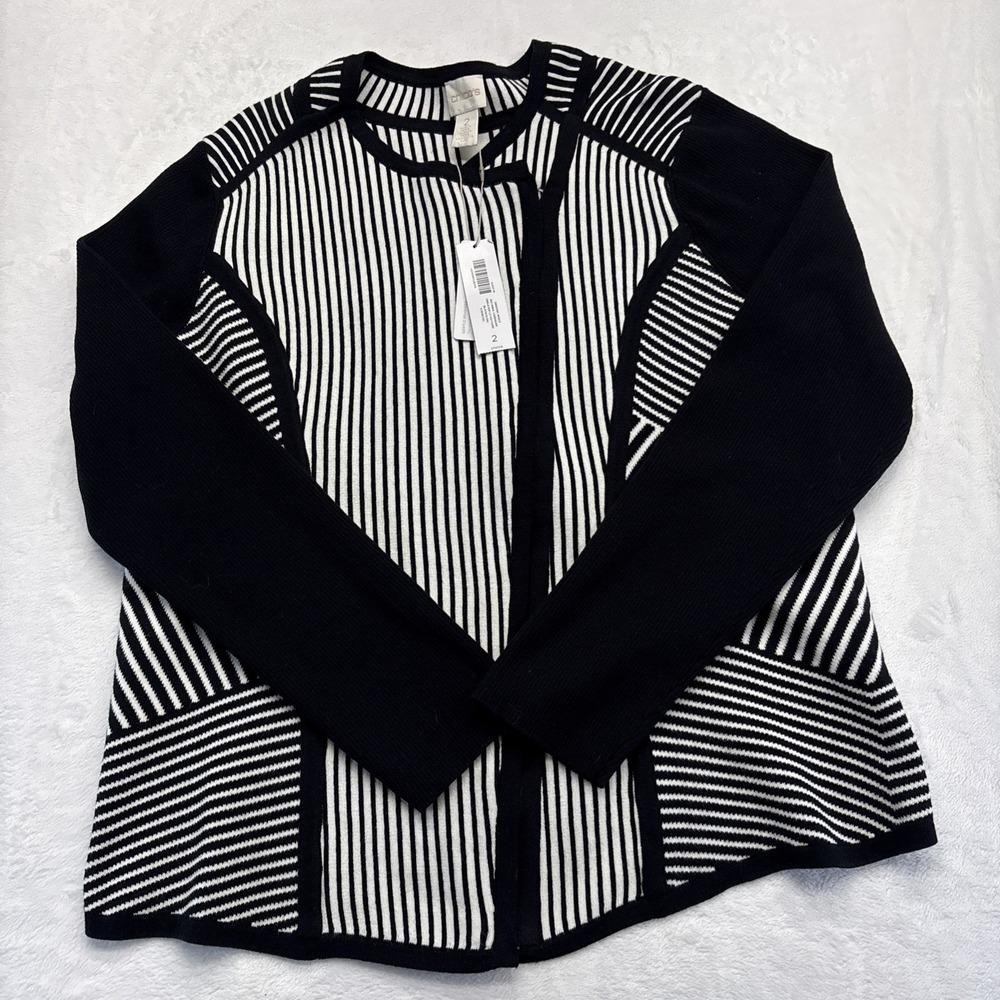 Chico's Natania Cardigan Womens Size 2 (8/10/12) Black/White Stripe Zipper NWT